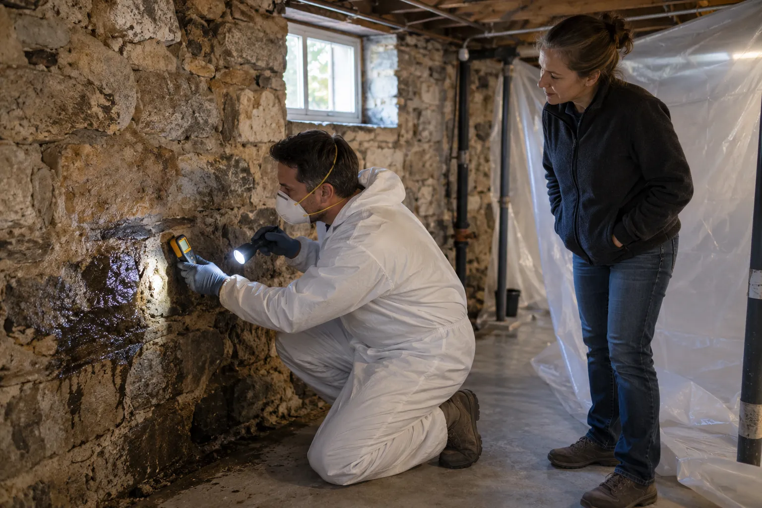 Local mold removal provider checking a damp basement wall in a Stamford area home