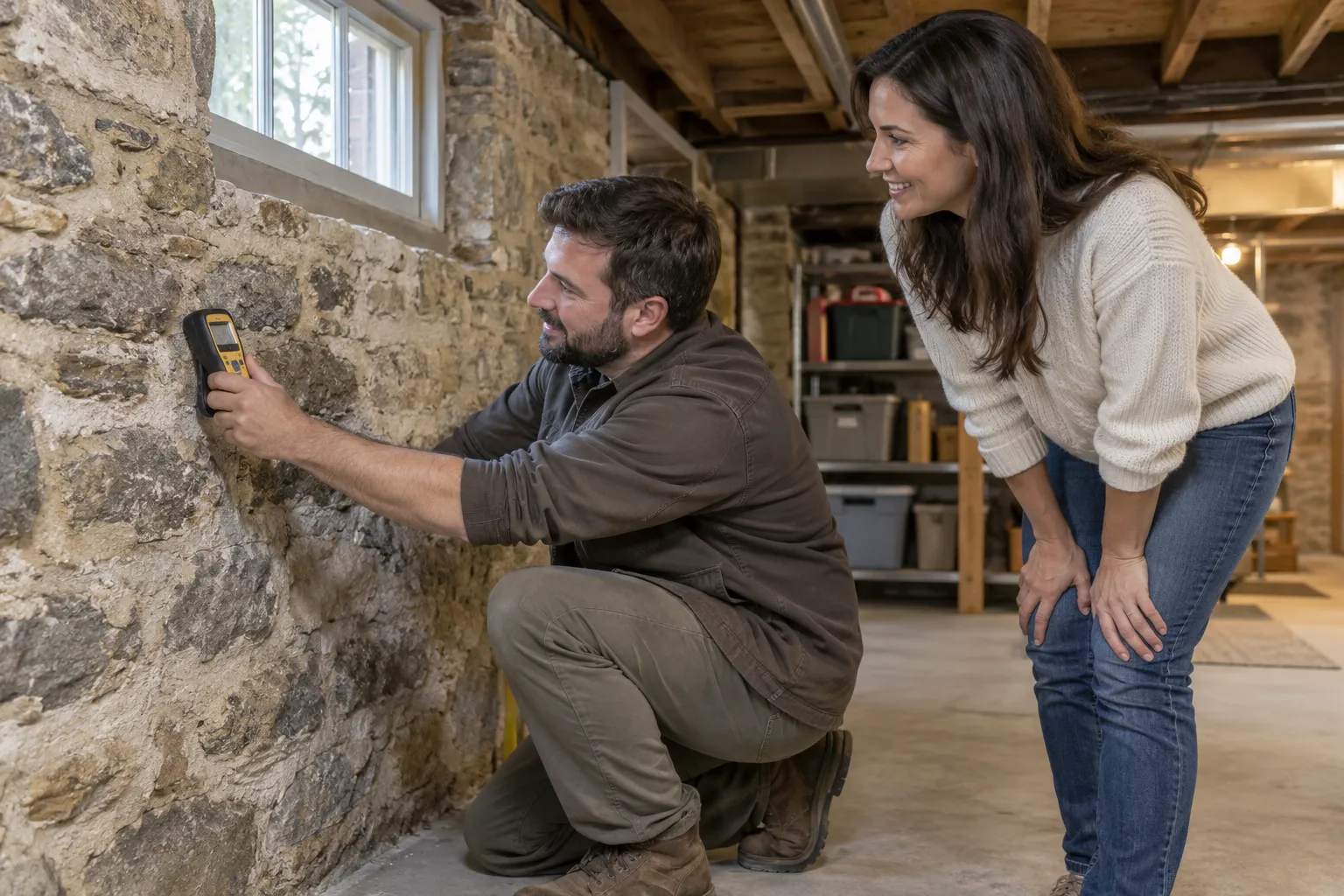 Mold inspector checking a basement wall in a Stamford home with a moisture meter