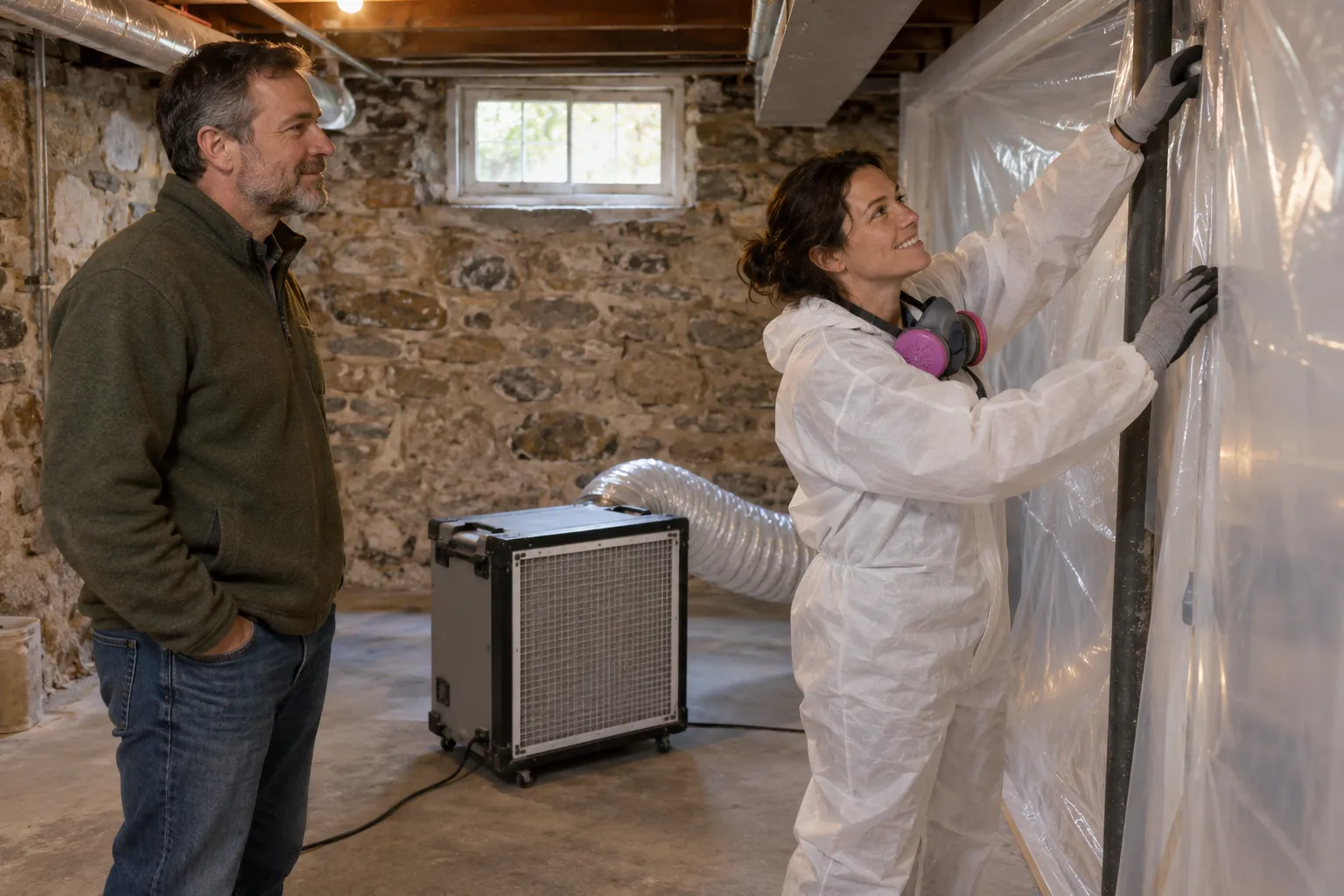 A friendly mold remediation provider setting up plastic containment in a basement in the Stamford area